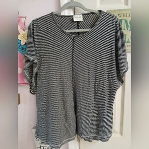 WRAP LONDON 100% Linen Tee Size US 14 Striped Black Gray Lightweight Burnout